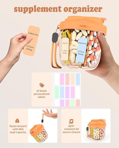 Pill Organizer with 7 Compartments, Pill Box Case for Holding 7 Different Vitamins, Anti-Mix Design for Easy Medication Retrieval. Travel Pill Organizer with 20 Labels.Pill Container（Orange）