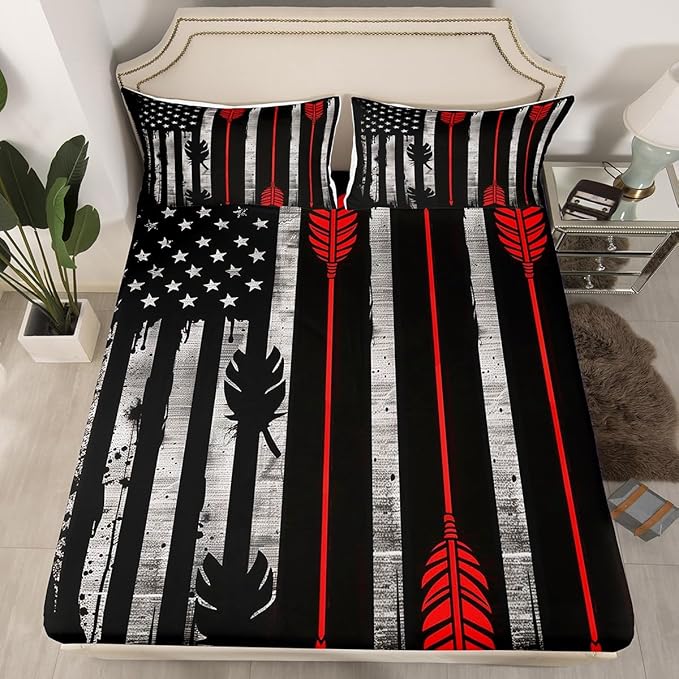 Manfei Archery Fitted Sheet Full Size, American Flag Print Bedding Set 3pcs, Sports Gaming Theme Bed Cover with 2 Pillowcases, Kids Boys Teens Adults Room Decor, Soft Bedding(No Top Sheet)
