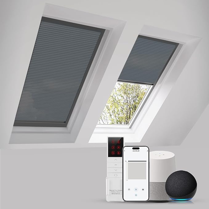 ZSTARR Motorized Skylight Shades Blackout Cellular Honeycomb Electric Blinds with Solar Panel Cordless Rechargeable with Remote for Roof and Slanted Windows Custom Size (Sheer Black)