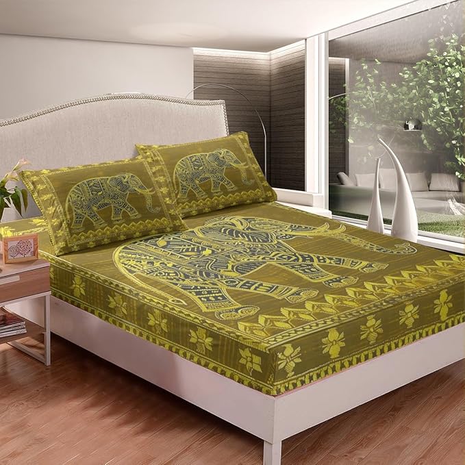 Manfei Indian Pattern Kids Sheet King Size,Native American Indian Style Bedding Set,Boys Girls Room Decor,Exotic Elephant Bohemia Golden Trippy Boho Bed Sheet Set 4pcs(Fitted + Flat + 2 Pillowcases)