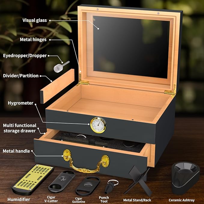 Cigar Humidor Box - Spanish Cedar Small Table Top Humidors for 20-50 Cigars with Accessories and Humidifier - Storage Drawer - Modern Desktop Cigar Holder for Men - Portable Travel Case Dark Gray