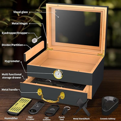 Cigar Humidor Box - Spanish Cedar Small Table Top Humidors for 20-50 Cigars with Accessories and Humidifier - Storage Drawer - Modern Desktop Cigar Holder for Men - Portable Travel Case Dark Gray