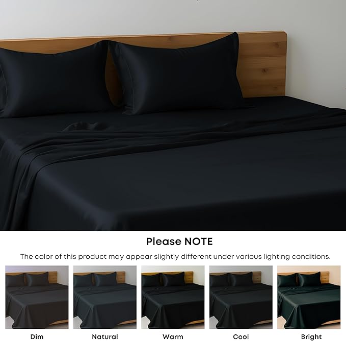 LINENWALAS King Flat Sheet Only - Rayon Derived from Bamboo Silk Bed Sheet, Premium Breathable Cooling Sheet, Soft Top Sheet, Black Halloween Bedsheet (King, Jet Black)