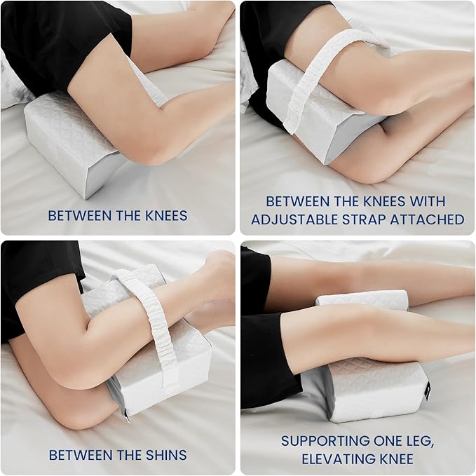 Knee Pillow for Side Sleepers,Knee Pillow,Leg Pillow for Side Sleeping,Hip Pain and Smooth Spine Alignment Pillows,Memory Foam Ergonomic and with Cover and Removable Straps,White/Gray