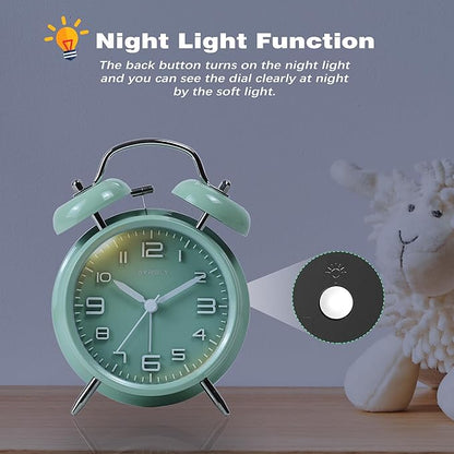 AYRELY® Super Loud Twin Bell Alarm Clock for Heavy Sleepers Adults, 4-Inch Retro Silent Non-Ticking with Night-Light, 3D Raised Number Dial, Battery Operated for Bedroom Bedside (3D Dial – Green)