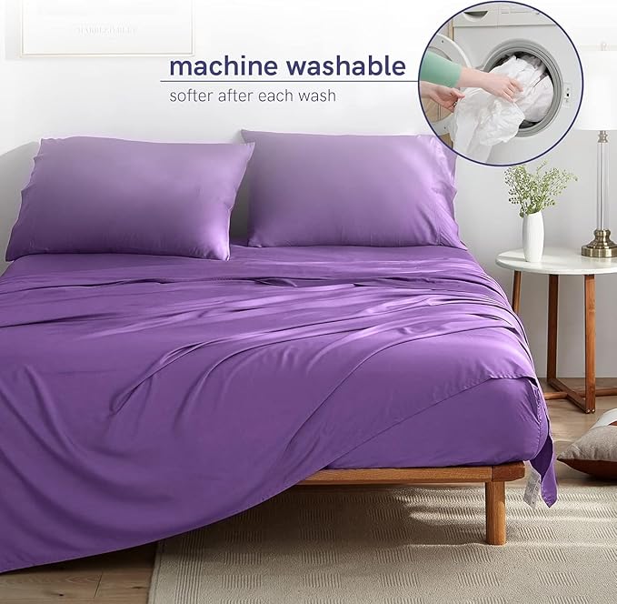 YnM Cooling Bed Sheet Set with 100 Percent Rayon Derived from Bamboo, 400TC Fabric with 2 Pillowcases and Flat Sheet, Deep Pocket Fit 19'', Silky-Soft & Sweat Wicking, 4 Piece (Full, Lavender Purple)