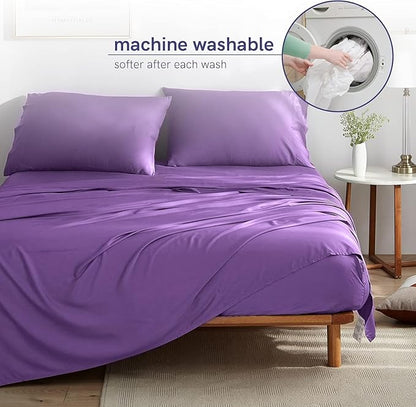 YnM Cooling Bed Sheet Set with 100 Percent Rayon Derived from Bamboo, 400TC Fabric with 2 Pillowcases and Flat Sheet, Deep Pocket Fit 19'', Silky-Soft & Sweat Wicking, 4 Piece (Full, Lavender Purple)