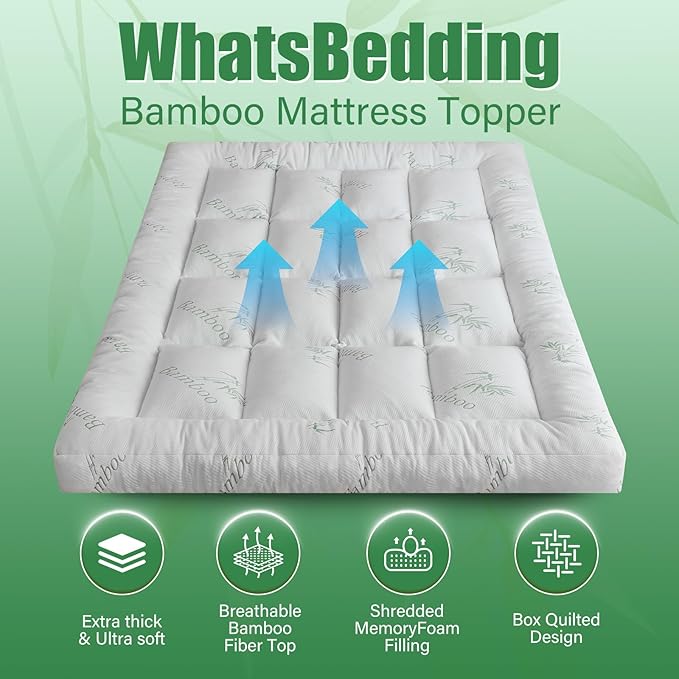 WhatsBedding 5 Inch Memory Foam Mattress Topper Queen Size for Back Pain Relief, Cooling Breathable Bamboo Viscose Air Layer, Comfort Thick Pillow Top Mattress Topper, 2000 GSM Fill
