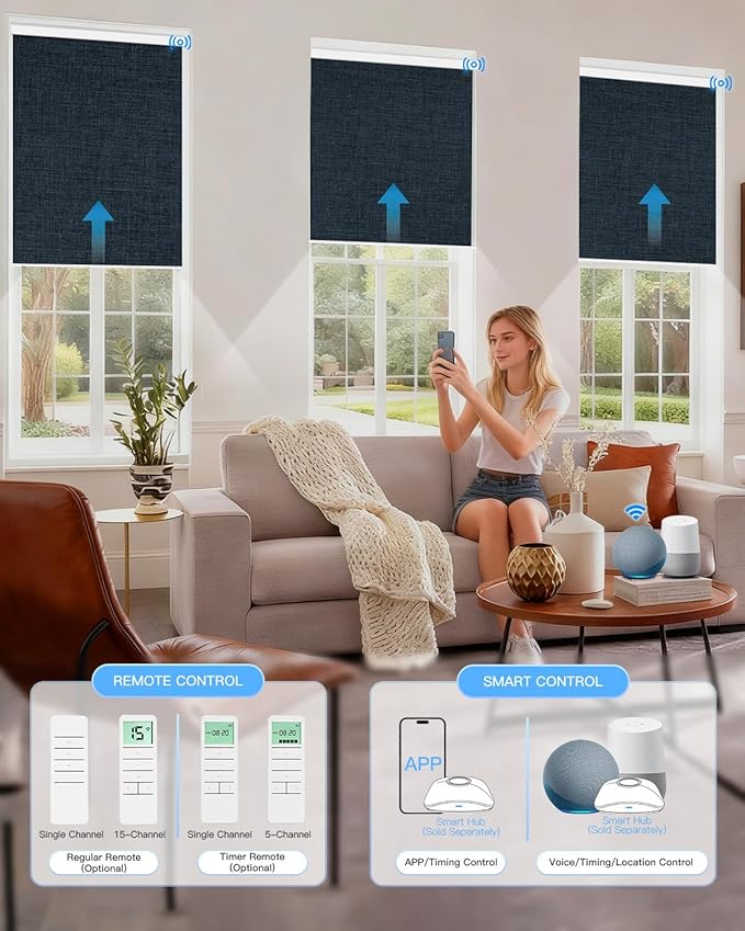 Motorized Roller Shade with Remote Control, Blackout Electric Shade for Windows Compatible with Alexa Google via Hub, Rechargeable Smart Window Blind Customized Size (Fabric Navy Blue)