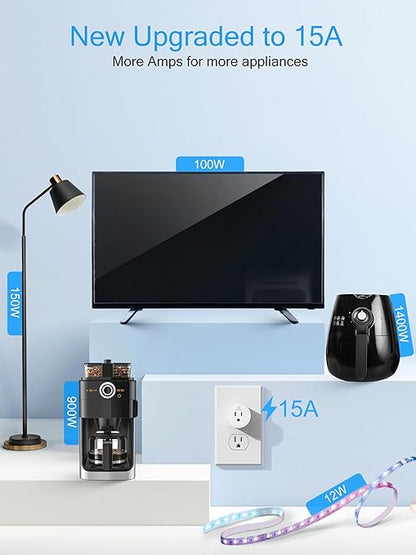 EIGHTREE Smart Plug 2025 Upgrade to 15A, Bluetooth & Wi-Fi Outlet Plug Dual Connection, Voice Control, Remote Control Outlet Timer Indoor, Smart Plugs That Work with Alexa & Google, 2.4GHz Wi-Fi Only