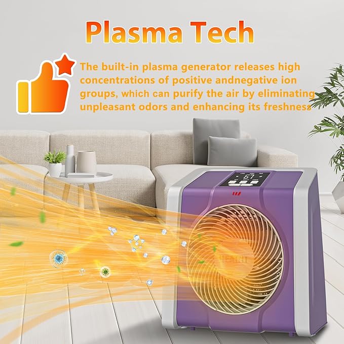 HEATIT Space Heater with Remote for Indoor, Digital Display with Thermostat，Containing Plasma & Ozone, 1-12H Timer,1500W/750W, Electric Space Heater for Office, Bedroom,Violet,10.6"Dx7.0"W x 11.8"H