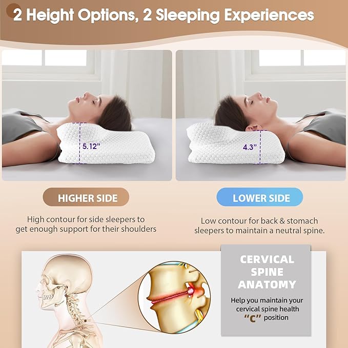 Cervical Neck Pillow, Memory Foam Pillow for Neck Pain Relief, Contour Neck Support Pillows with Cooling Pillowcase, Dreamers Relief Pillow, Ergonomic Bed Pillows for Side Back Stomach Sleepers