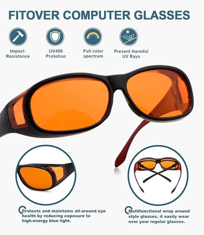 BLUELESS Fitover Blue Light Blocking Computer Glasses with Orange Tinted Sleep Glasses, Black Red