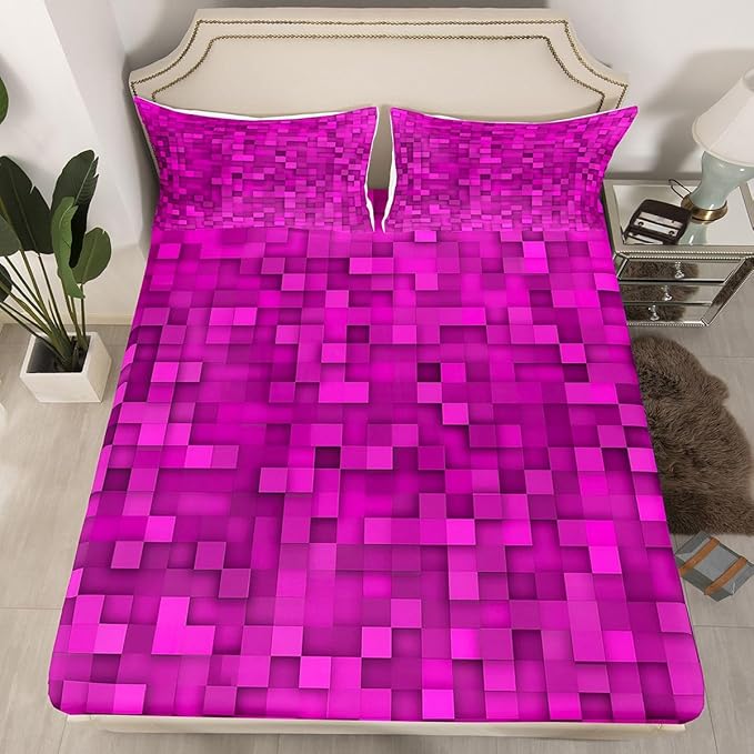 Pixel Grid Kids Queen Size Fitted Sheet,Pixelated Video Game Gamepad Boys Girls Bed Sheets,Geometric Square Gaming Room Decor,Red Bedding Set,2 Pillowcases(No Flat)