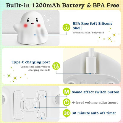 Rechargeable Night Light for Kids, RGB Ghost Night Lights 30-Min Timer/9 Sounds/9 Sleep Music/Touch Sensor, Multi-Color Silicone LED Night Lamp for Bedroom Nursery Room Christmas Decor