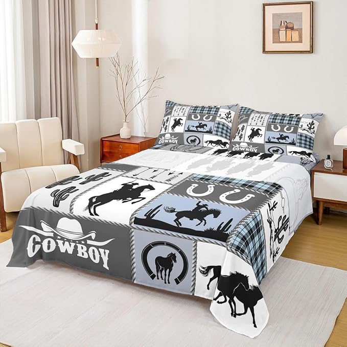 Western Cowboy Kids Sheet Full Size,Horseshoes Cactus Rustic Farmhouse Bedding Set,Boys Girls Adults Room Decor,Arrow Geometric Plaids Blue Retro Bed Sheet Set 4pcs(Fitted + Flat + 2 Pillowcases)