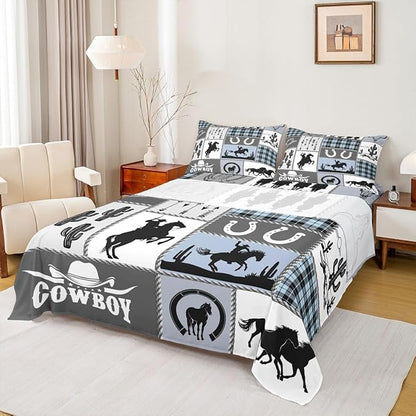 Western Cowboy Kids Sheet Full Size,Horseshoes Cactus Rustic Farmhouse Bedding Set,Boys Girls Adults Room Decor,Arrow Geometric Plaids Blue Retro Bed Sheet Set 4pcs(Fitted + Flat + 2 Pillowcases)