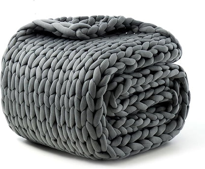 Hand-Knit Weighted Blanket for Adults,Chunky Knit Blanket, Cooling,Breathable,Sustainable,Machine Washable,Organic Cotton,Valentine's Day Birthday Gifts for Mom Women(Dark Grey,48"*72",12lb)