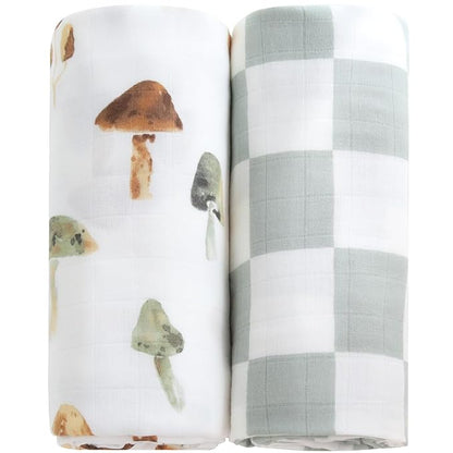 LifeTree Muslin Swaddle Blankets, Baby Swaddling Blanket for Boys Girls, Super Soft 70% Viscose from Bamboo and 30% Cotton, Large 47" x 47", Checkered & Mushroom, Newborn Baby Registry