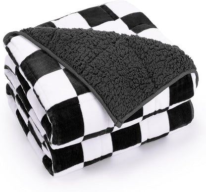 Weighted Blanket for Adults, 20lbs Sherpa Flannel Weighted Blanket Queen Size, Soft Fluffy Fleece Checkerboard Weighted Blankets for Calming and Relax, Plaid Black, 60" x 80"