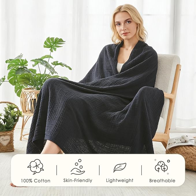 EMME Cotton Muslin King Blanket Bed Layering Breathable Gauze Blanket Soft Lightweight Blankets Adults (Black, 108"x90")