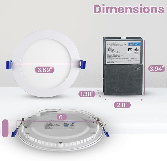 LED Recessed Lighting 6 Inch – 96 LED 5CCT 2700K–6500K Canless Wafer Downlight 16M Colors, Music Sync, Smart App & Voice Control, 1100 Lumens Dimmable RGBCW, Timer for Home & Kitchen – 6 Pack