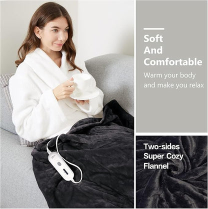 Tefici Electric Heated Blanket Throw, Super Cozy Soft 2-Layer Flannel 50" x 60" Heated Throw with 3 Heating Levels & 4 Hours Auto Off, Machine Washable, ETL&FCC Certified, Home Office Use,Black