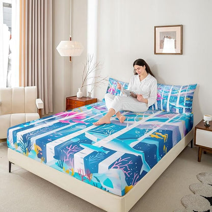 Ocean Kids Twin Size Fitted Sheet,Seaweed Underwater World Boys Girls Bed Sheets,Sealife Shark Nautical Room Decor,Blue Bedding Set,1 Pillowcase(No Flat)