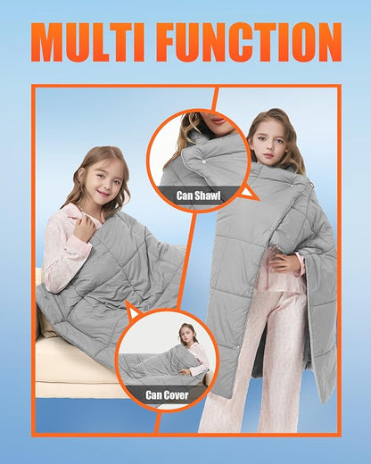 Kids Heated Blanket Battery Operated - Boys and Girls 7.4V DC Portable Cordless USB Heating Blanket for Outdoors (Grey)