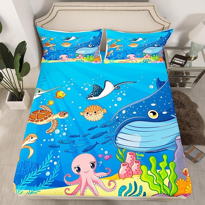Marine Animals Sheet Twin,Shark Octopus Turtle Coral Bedding Set for Kids Teens Adults,Underwater World Cartoon Sea Blue Bed Sheet 3pcs(Deep Pocket Fitted Sheet + Flat Sheet + 1 Pillowcase)