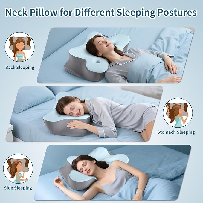 Cerrvical Neck Pillow- Ergonomic Memory Foam Pillows for Sleeping, Dual Ear Relief Zone Contour Pillow, Neck Support Pillows for Side Back &Stomach Sleeper (Blue)