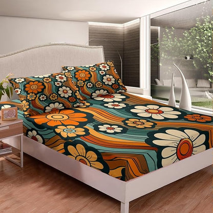 Groovy Daisy Flowers Fitted Sheet Queen Size,70s 80s Vintage Floral Hippie Psychedelic Bedding Set,Boys Girls Room Decor,Rainbow Boho Exotic Bed Cover,Bohemia Retro Bed Sheet,2 Pillowcases