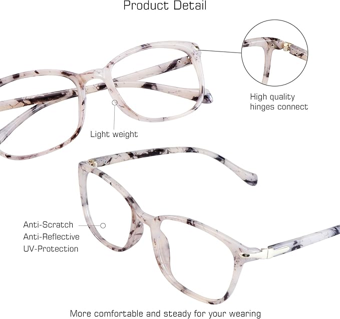 VisionGlobal Blue Light Blocking Glasses for Women, Anti Eyestrain, Computer Reading, TV Glasses, Stylish Square Frame, Anti Glare(Marble,+0.25 Magnification)