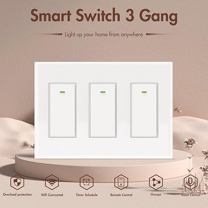 Smart Light Switch Compatible with Alexa and Google Assistant, WiFi Controlled, Schedule and Remote Access, Neutral Wire Required (3 Gang Smart Switch)