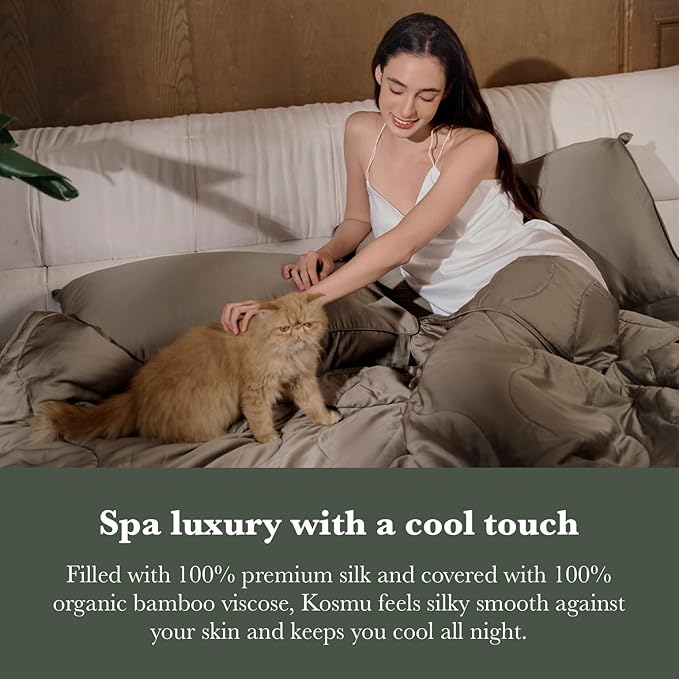 Silk Comforter Queen Size | 100% Mulberry Silk Fill with Organic Bamboo Viscose Shell | Summer Cooling Blanket for Hot Sleepers, Lightweight Breathable All-Season Bedding (Walnut, 90"x90")