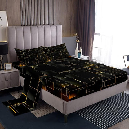 Manfei Geometric Sheet Set Queen Size, Abstract Square Grid Print Bedding Set for Kids Boys Girls Adults, Yellow and Black Bed Sheet Set 4pcs with Deep Pocket Fitted Sheet + Flat Sheet + 2 Pillowcases