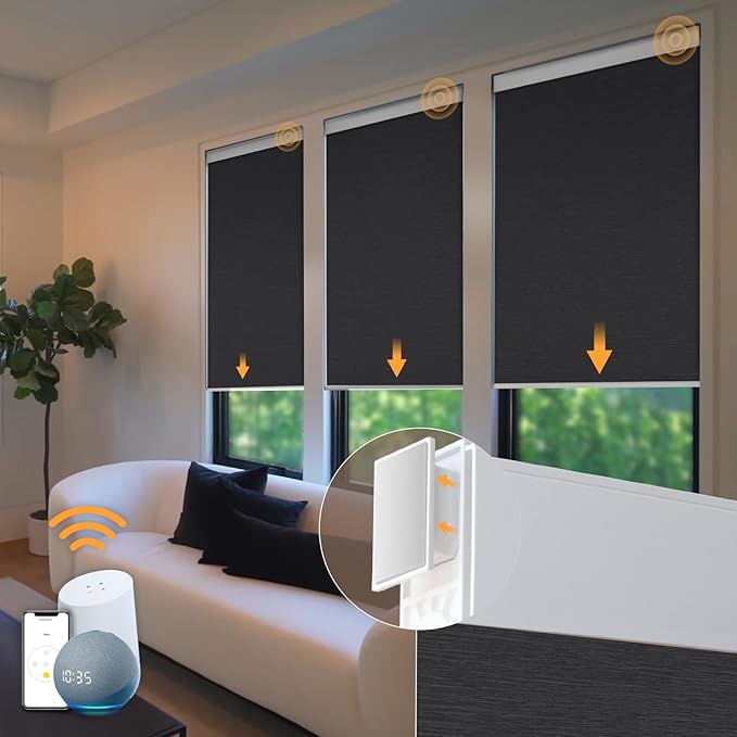 Motorized Blinds No Drill Automatic Blinds for Windows Cordless Roller Shades Electric Blinds with Remote Control Smart Blinds (Black, 29 x 72)