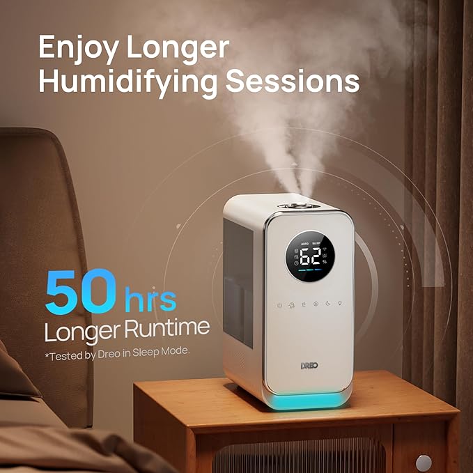 DREO Humidifiers for Bedroom, Top-filled Smart Quiet Cool Mist Humidifiers for Large Room Home, Oil Diffuser & Nightlight, 50Hours Runtime for Indoor Plants, with Alexa/Google, Grey