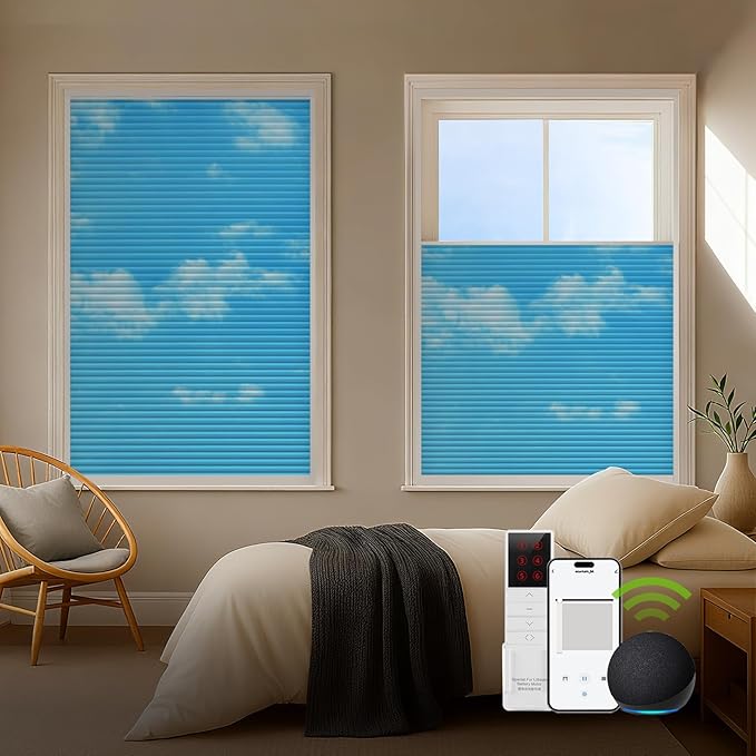 ZSTARR Motorized Skylight Shades Blackout Cellular Honeycomb Electric Blinds with Solar Panel Cordless Rechargeable with Remote for Roof and Slanted Windows Custom Size (Black Out Blue Sky)