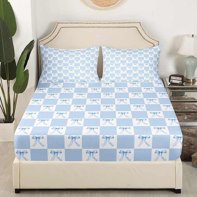 Blue Bowknot Bedding Set Twin Size Dreamy Bow Minimalist Grids Plaids Geometric Bed Set for Teens Kids Sheet Microfiber Princess Style Blue White Bed Cover(1 Fitted Sheet+1 Pillow Case)