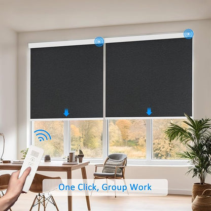 Motorized Blinds with Remote Cordless Automatic Motorized Shades Custom Blinds for Windows Smart Curtains Compatible with Alexa Google Home(Blackout Jacquard Black,W42 x H72in)