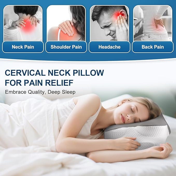 Cervical Pillow for Neck and Shoulder Relief, Cooling Memory Foam Pillow for Sleeping, Ergonomic Neck Support Pillow Contour Bed Pillow for Back Side Stomach Sleepers with Pillowcase