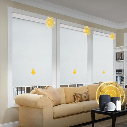 Motorized Blinds with Valance Cover Upgraded Smart Grasscloth Fabric Electric Remote Control Automatic Roller Shades for Windows Work Alexa Google Home, White, 23''W x 72''H (SM100)