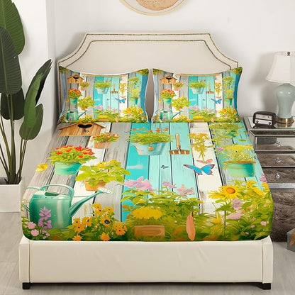 Manfei Gardener Kids Sheet King Size,Gardening Tools Potted Plants Flowers Bedding Set,Boys Girls Room Decor,Wooden Plank Geometric Rustic Green Retro Bed Sheet Set 4pcs(Fitted + Flat + 2 Pillowcases)