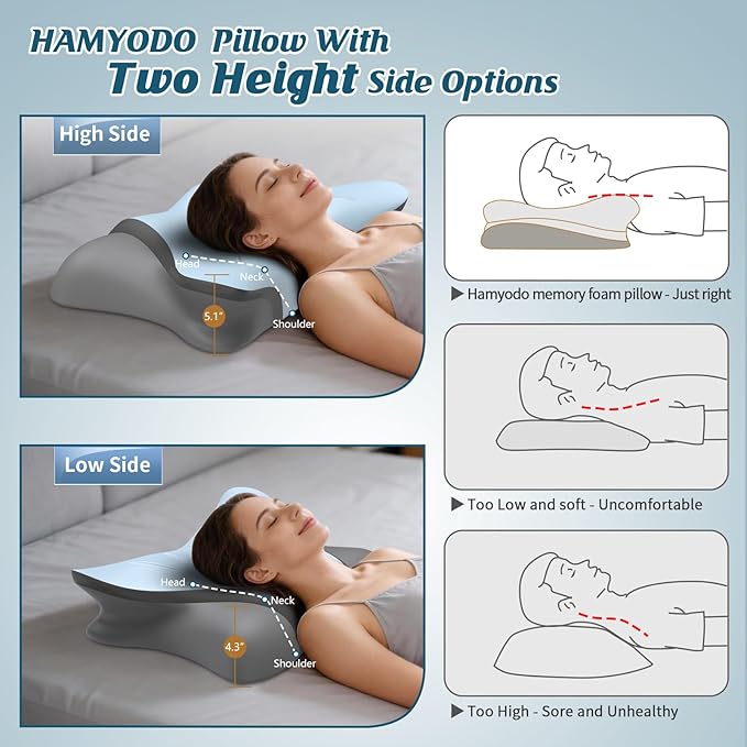 Cervical Neck Pillow for Pain Relief, Bed Pillows for Sleeping, Ergonomic Cooling Pillow, Orthopedic Contour Pillow for Side Back Stomach Sleepers,Neck Support Memory Foam Pillows (Blue&Grey)