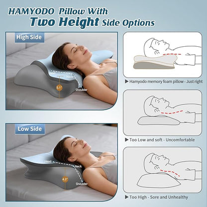 Cervical Neck Pillow for Pain Relief, Bed Pillows for Sleeping, Ergonomic Cooling Pillow, Orthopedic Contour Pillow for Side Back Stomach Sleepers,Neck Support Memory Foam Pillows (Blue&Grey)