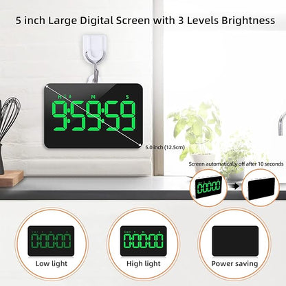 Rechargeable Digital Kitchen Timer for Cooking, Magnetic Timers with Countdown/up, Kids Timer with 5”LED Display 3 Brightness 4 Volume Adjustable for Classroom/Office/Home/Work/Fitness/Game(Green)