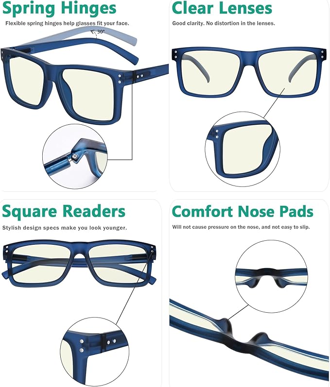 Eyekepper Oversized Reading Glasses Square Large Blue Light Readers for Men Women - Blue +0.50