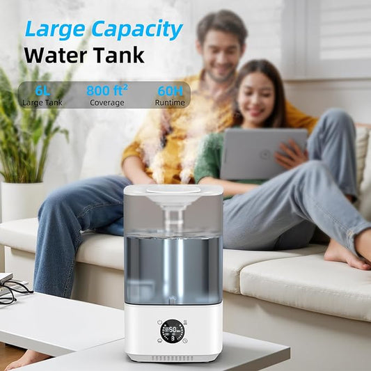 6L Humidifier for Bedroom Large Room Home, 800ft² Wide Coverage, 26dB Quiet,Easy Top Fill, Quickly & Evenly Humidify, Real-Time Humidity Monitoring and Anti-dry Burn, White