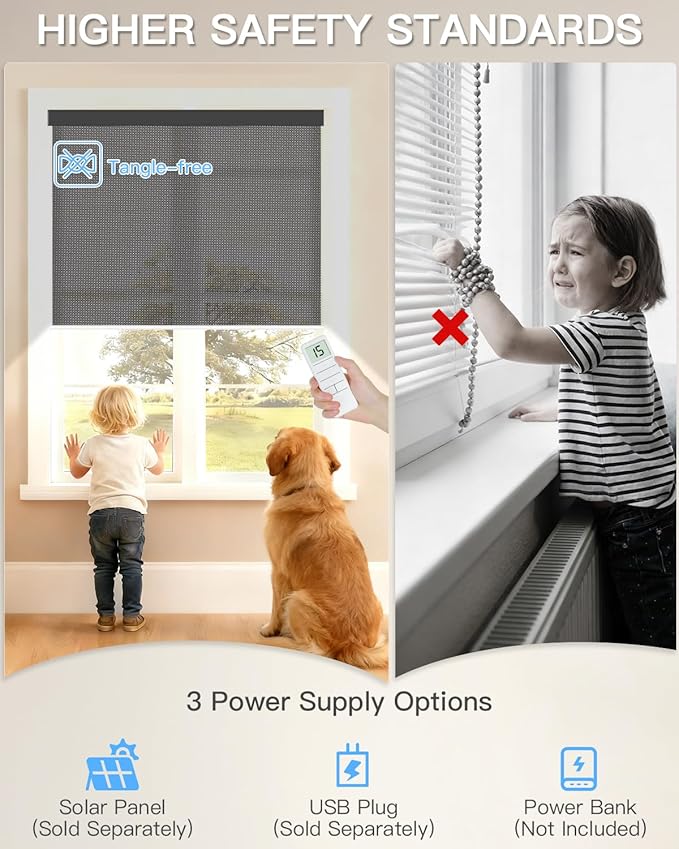 Motorized Solar Roller Shades with Remote Control, Light Filtering Smart Blinds for Windows Work with Alexa Google via Hub, Rechargeable Electric Shade Customized Size (Fireproof Black)